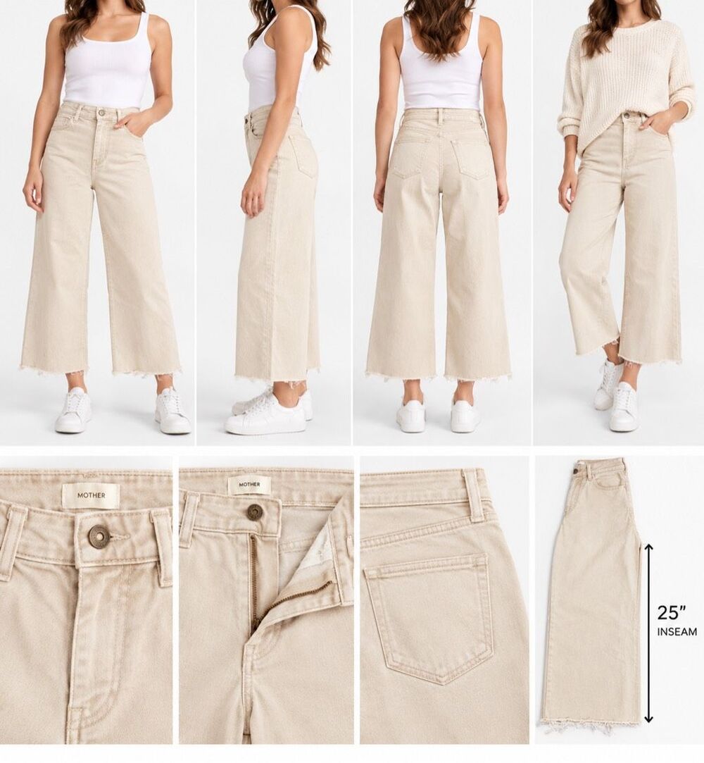 Maeve Anthropologie Colette Cropped Wide Leg Raw Hem Jeans Beige Size 27